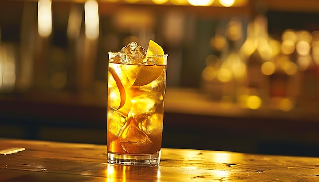 Glass of alcohol sitting on a bar with a lemon wedge