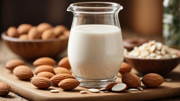 a glass of almond milk sits next to a bowl of almonds