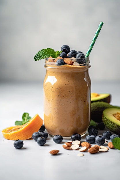 A glass of almond milk with a straw next to it and blueberries on the side.