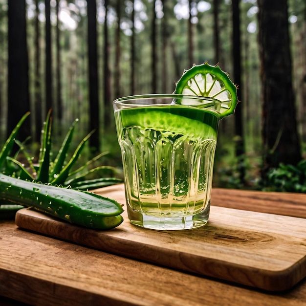 The glass of aloe vera mixer put on a wooden cutting board in the middle of the forest 8k