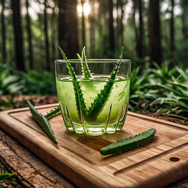 The glass of aloe vera mixer put on a wooden cutting board in the middle of the forest 8k