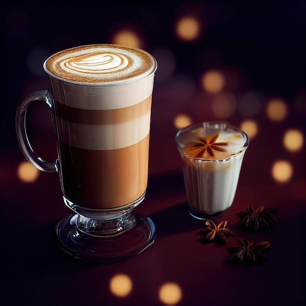 A glass of appetizing spicy latte on a festive blurred background with bokeh light effects 3D illustration Ai render