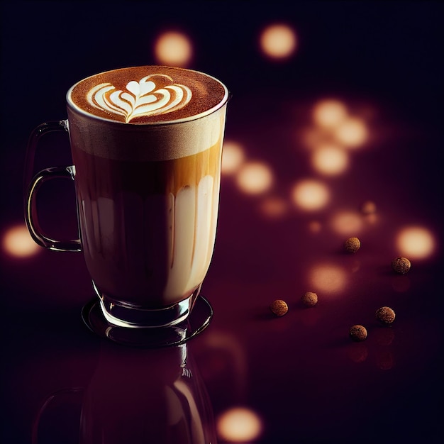 A glass of appetizing spicy latte on a festive blurred background with bokeh light effects 3D illustration Ai render