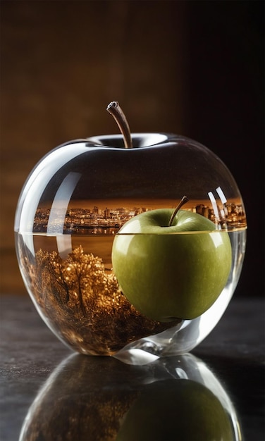 a glass apple bowl with a green apple in it