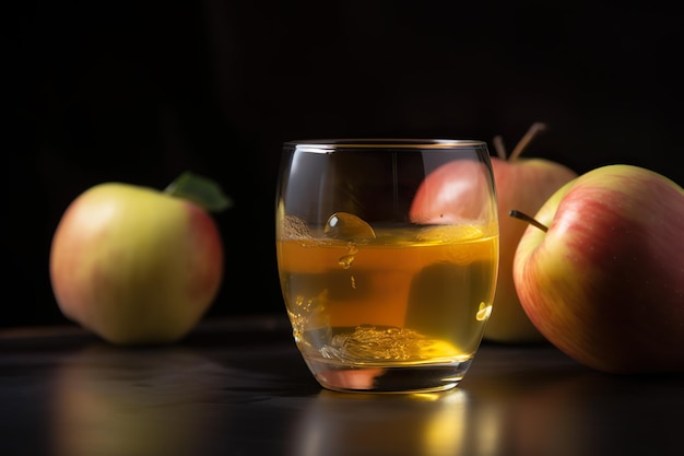 A glass of apple cider next to a red apple.