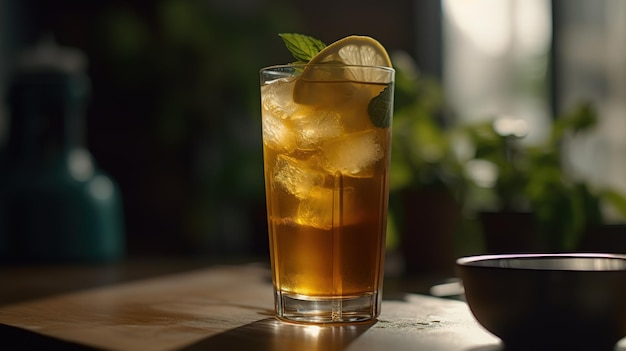 A glass of apple cider with a lime wedge on the rim sits on a table next to a bowl of ice and a green leaf.