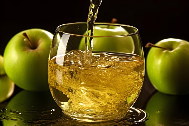 A glass of apple juice is being poured into a glass.