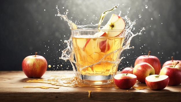 a glass of apple juice with apples and apples on a table