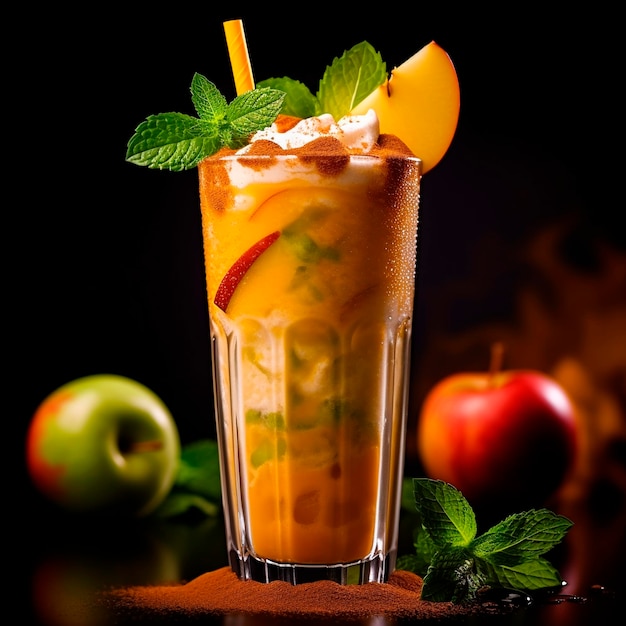 A glass of apple juice with a straw and a straw with a peach on it.