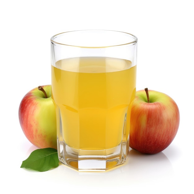 A glass of apple juice with two apples next to it.