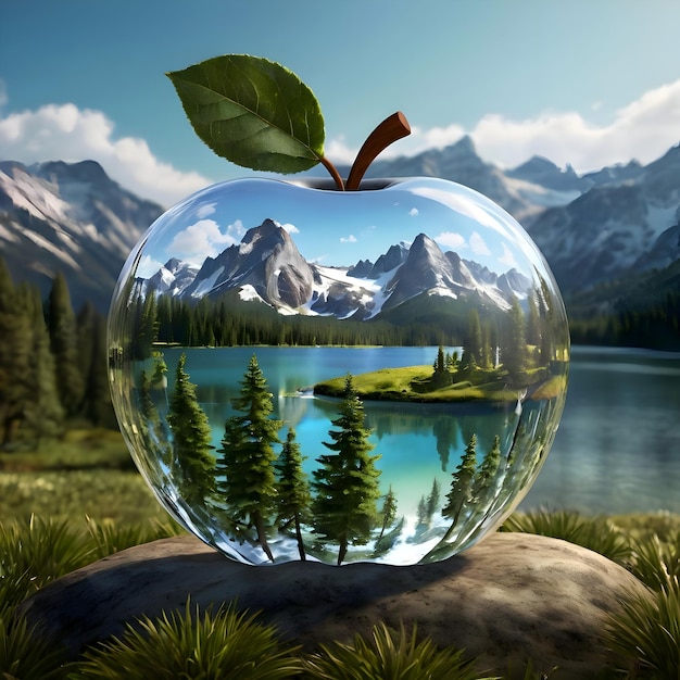 a glass apple with a picture of a mountain lake and mountains in the background