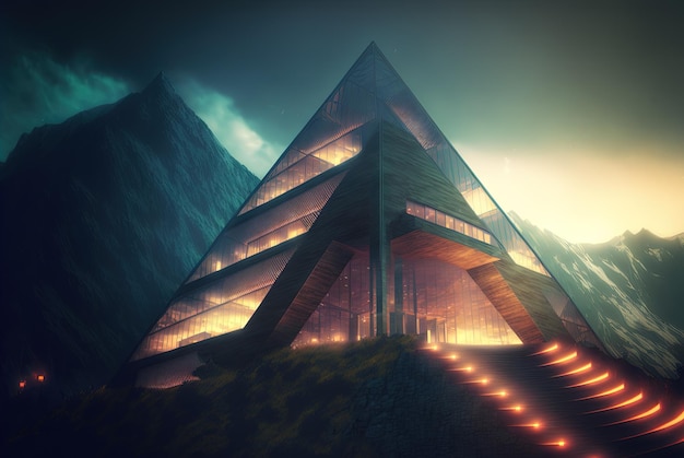 Glass architecture in the mountain landscape Architectural abstraction combined with nature Generated AI