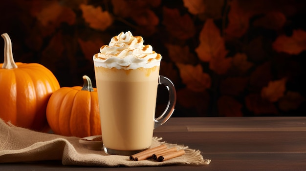 Glass of autumn pumpkin latte with whipped cream cinnamon and drinking straw over dark background with autumn leaves Creamy coffee with pumpkin spices and cinnamon stick copy space Generative AI