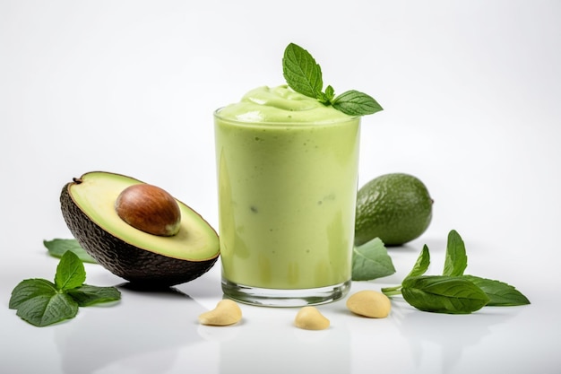 A glass of avocado smoothie with avocado and mint leaves on the side