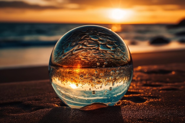 A glass ball on the beach with the sunset in the background.