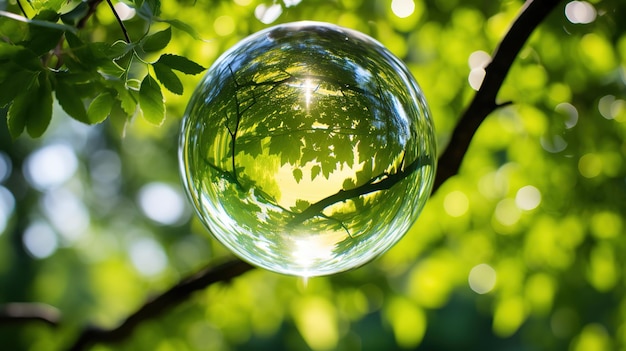 glass ball bubble with a reflection of the world symbolizing the environmental crisis