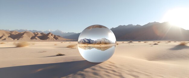 A glass ball in the desert with mountains in the background.