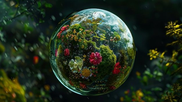 Photo a glass ball filled with flowers and plants