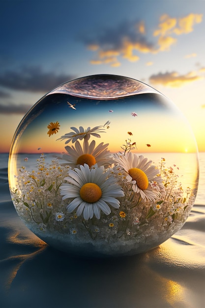 Glass ball filled with flowers sitting on top of a beach generative ai