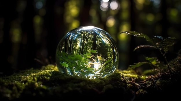 A glass ball in the forest with a forest in the background