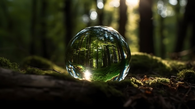 A glass ball in the forest with the sun shining through it.