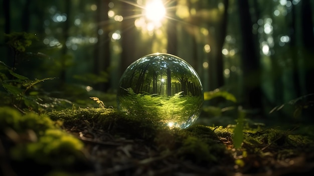 A glass ball in the forest with the sun shining through it.