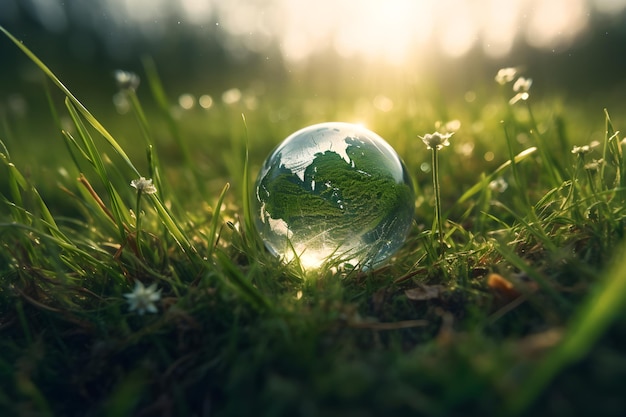 A glass ball in the grass with the sun shining through it.