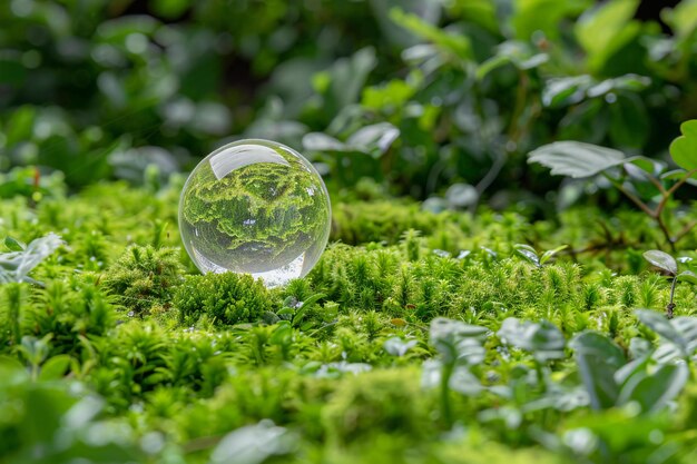 Glass ball on the green moss in the forest concept of environmental conservation