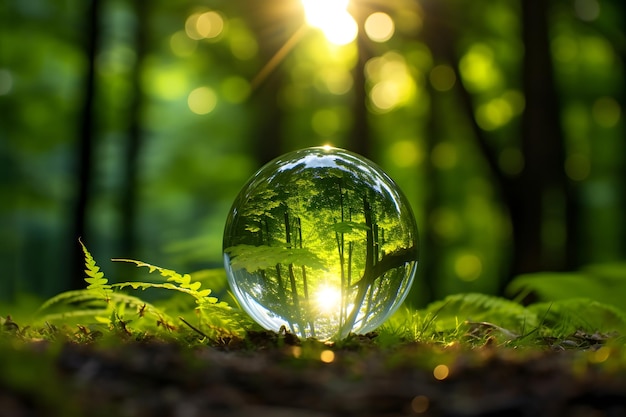 Glass ball in lush green forest environmental social and governance awareness