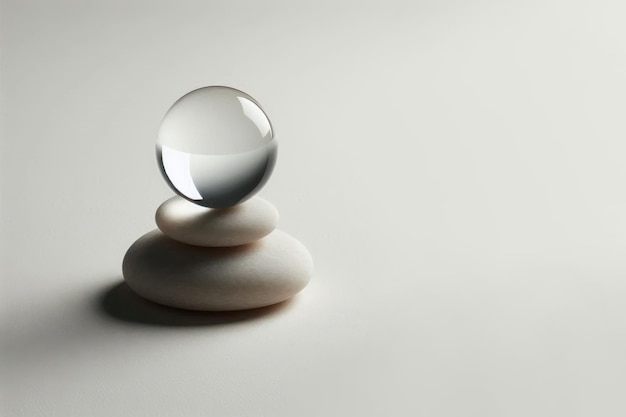 Photo a glass ball lying on smooth stones space for text