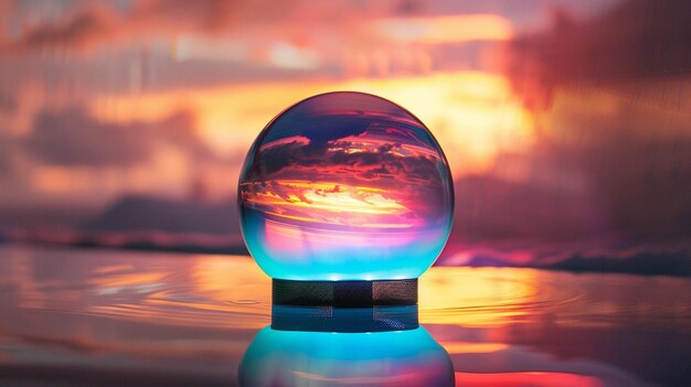 Photo glass ball reflecting vibrant sunset colors on table