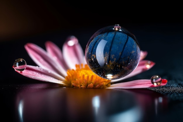 A glass ball sits on a flower with a flower in the background