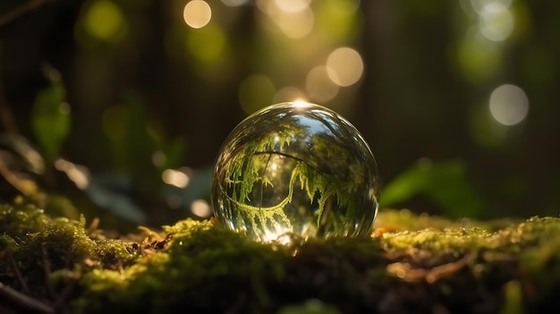 A glass ball sits on a mossy surface with the sun shining through it.