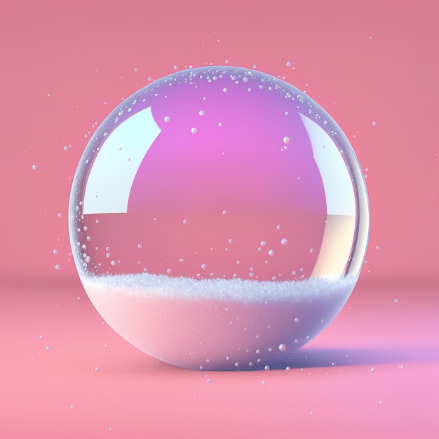 Glass ball in the snow isolated on pink background Pastel colors 3D illustration