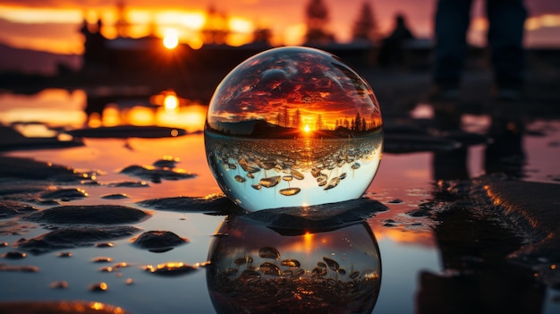 Glass ball over the water and water splashing on a transparent ball