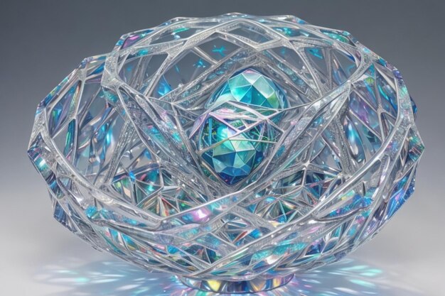 a glass ball with a blue stone in it