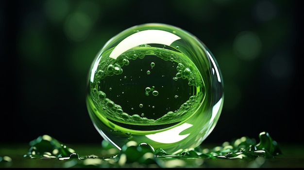 A glass ball with bubbles and a green substance