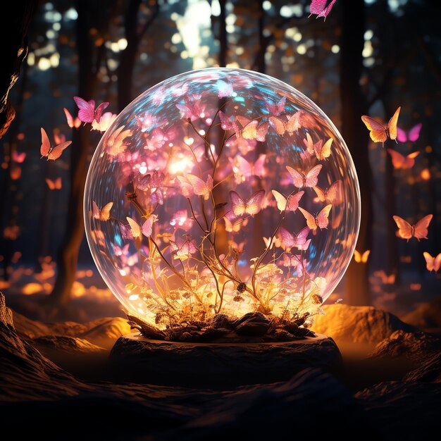 a glass ball with butterflies in it and a butterfly in the middle