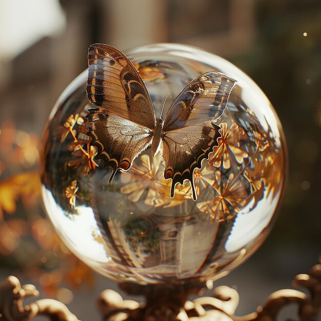 a glass ball with butterflies on it and the reflection of the glass in the background