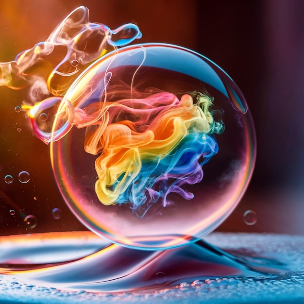 a glass ball with colored liquid and the word rainbow on it