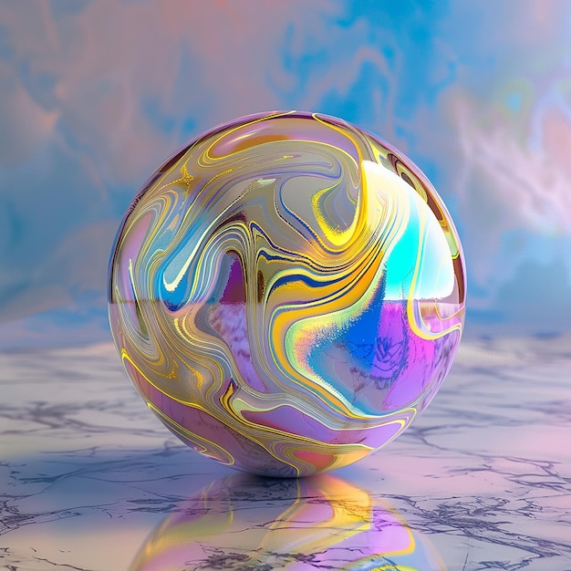 a glass ball with a colorful pattern on it is reflected in a mirror