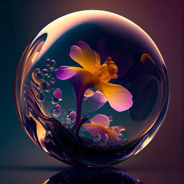 A glass ball with a flower inside and a purple background.