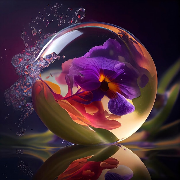 A glass ball with a flower in it and a water droplet in the background.