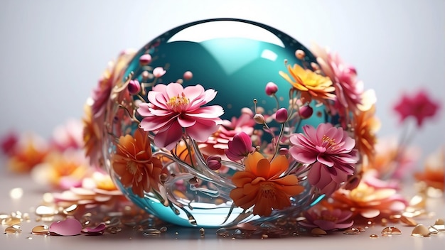 a glass ball with flowers and leaves on it