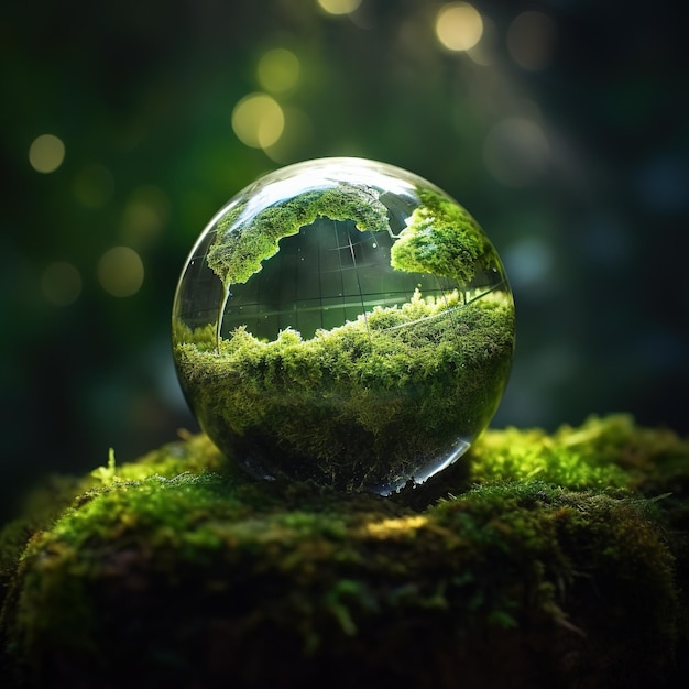 A glass ball with a forest inside and a tree on it.