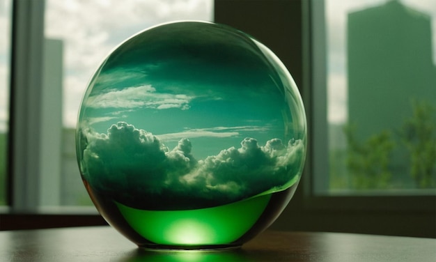 Photo a glass ball with a green base and a cloudy sky in the background