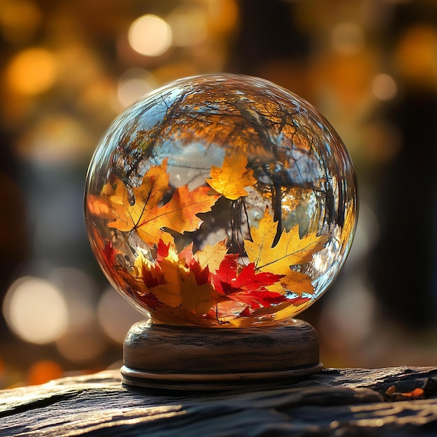 A glass ball with leaves inside