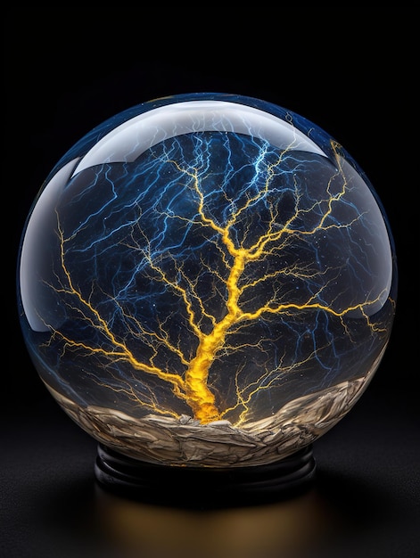 A glass ball with lightning and a mountain in the background