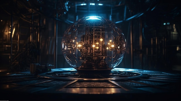 A glass ball with lights on it in a dark room