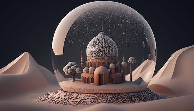 A glass ball with a miniature of mosque inside over the desert